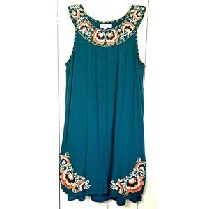 THML Women's S Teal Sleeveless Minidress Embroidered Boho Cut-in Shoulders